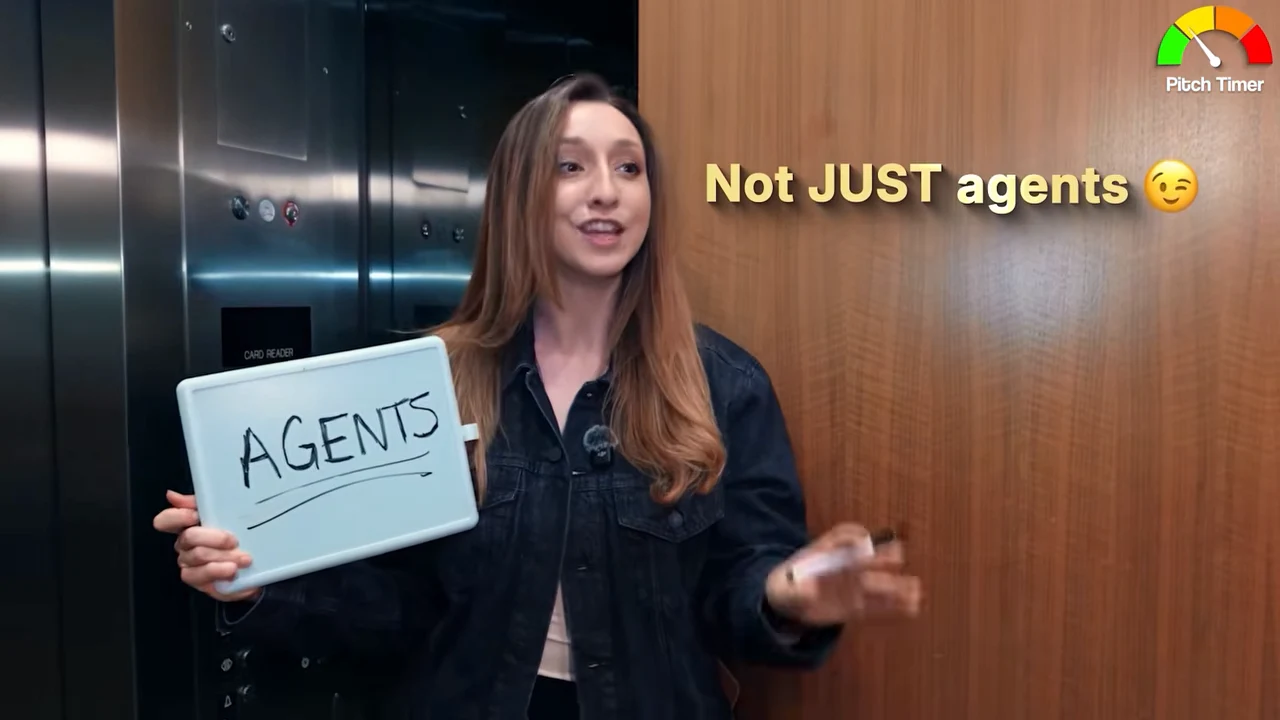 The presenter holds a whiteboard labeled “AGENTS” beside the overlay “Not JUST agents 😉” inside an elevator.