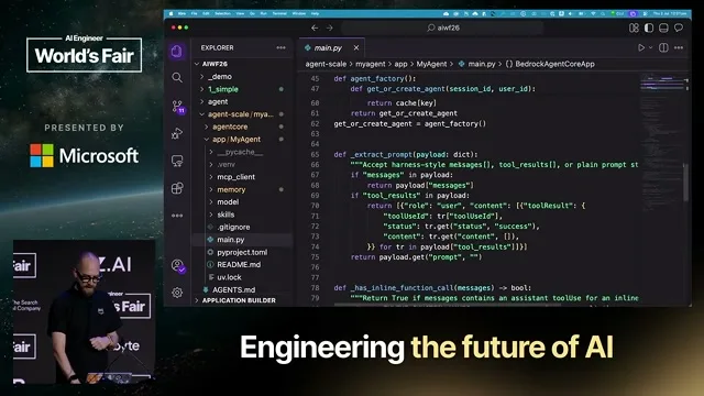 Selected presentation frame from Harness Engineering: Building the Production Cage for Powerful Domain Agents — Mike Chambers, AWS at 987 seconds