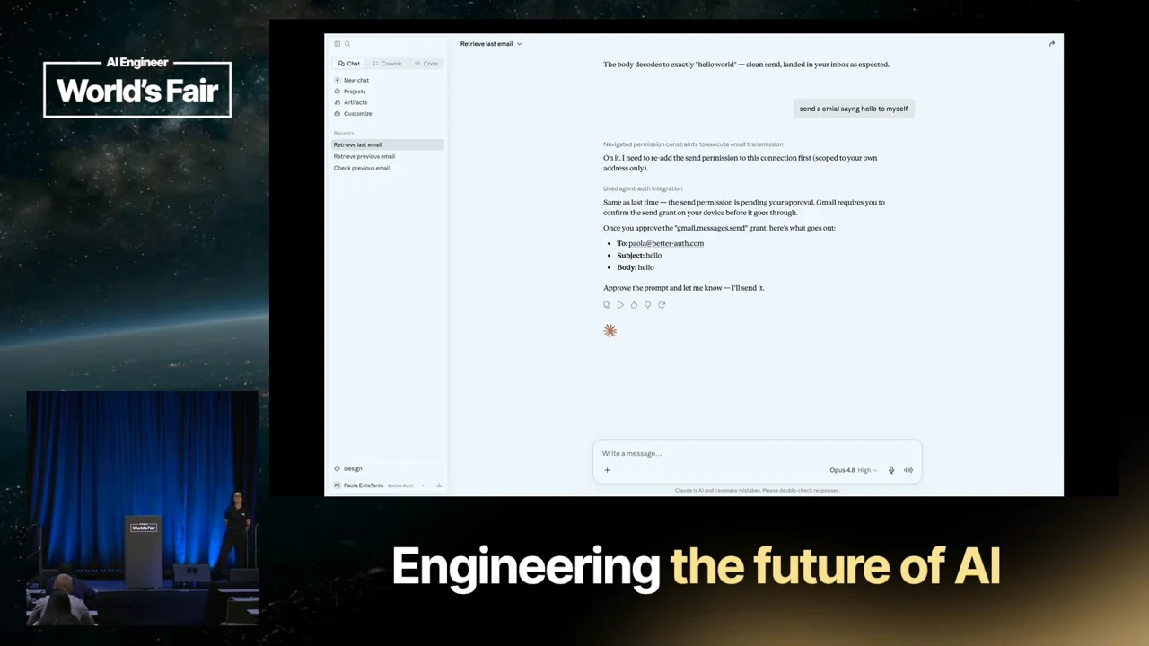 Chat response explaining that send permission is pending approval, with a proposed recipient, subject, and body.