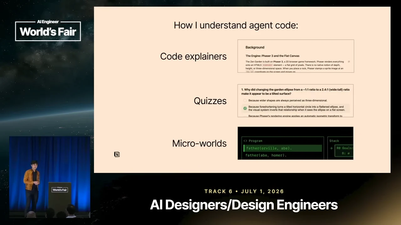Slide titled “How I understand agent code” with three labeled examples: Code explainers, Quizzes, and Micro-worlds.