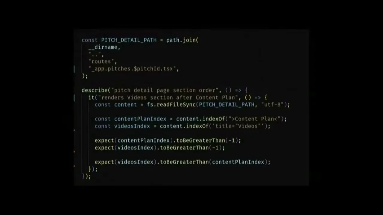 The test compares where “Content Plan” and “Videos” occur in the source file, then asserts that the Videos string comes later.