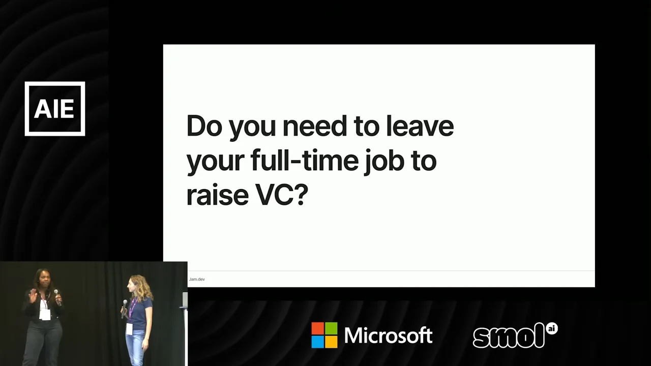 White slide asking whether leaving a full-time job is necessary to raise VC, with both presenters inset below.