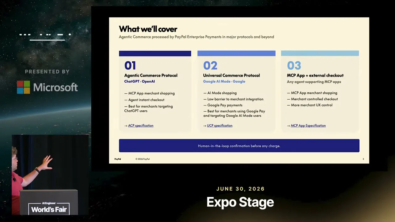 Selected presentation frame from How AI Agents Pay: Checkout in ChatGPT and Google AI Mode — Sam Parsons, PayPal at 92 seconds