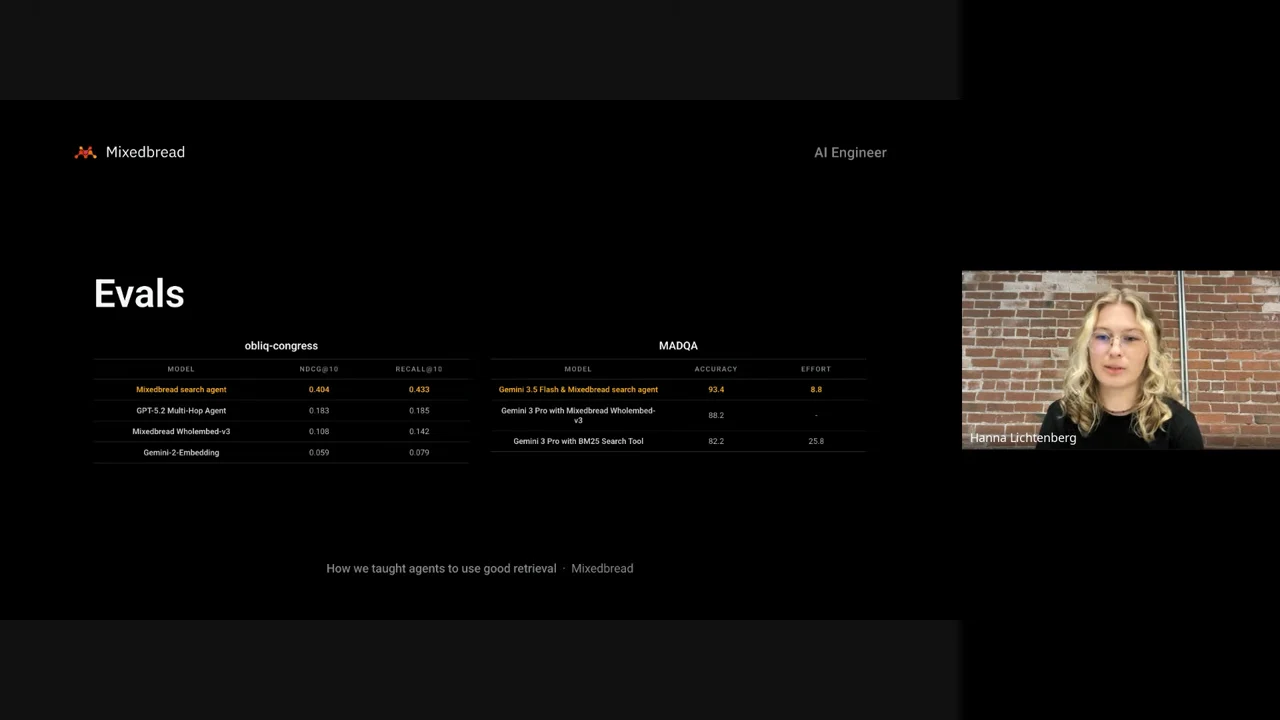 An Evals slide contains side-by-side obliq-congress and MADQA tables, with Mixedbread search agent entries highlighted in yellow and the presenter on the right.