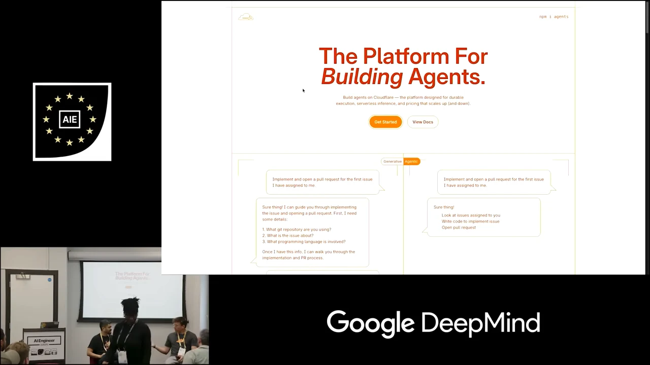 Webpage headed “The Platform For Building Agents.” with Get Started and View Docs buttons and example conversation panels below.