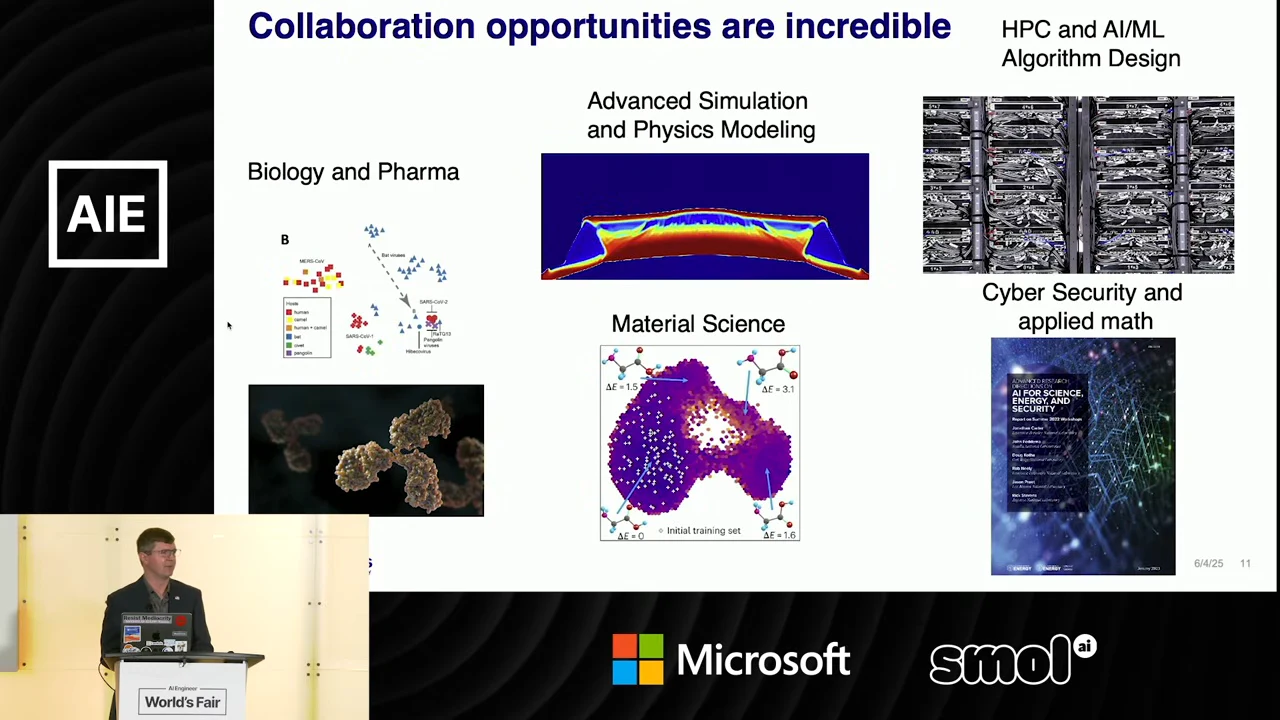 Slide titled “Collaboration opportunities are incredible,” with labeled images for Biology and Pharma, Advanced Simulation and Physics Modeling, Material Science, HPC and AI/ML Algorithm Design, and Cyber Security and applied math.
