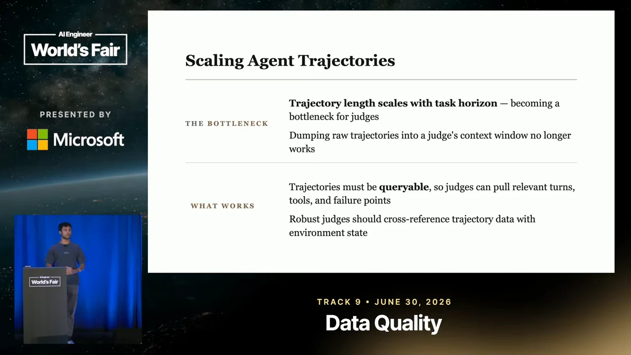 “Scaling Agent Trajectories” slide separates the context-window bottleneck from recommendations to query trajectories and cross-reference environment state.