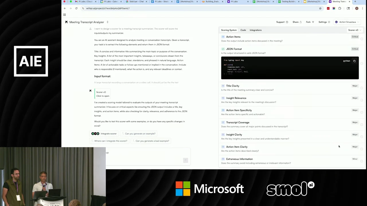Meeting Transcript Analyzer with a scoring panel showing JSON Format, Title Clarity, Insight Relevance, Action Item Specificity, and other checks alongside importance labels.