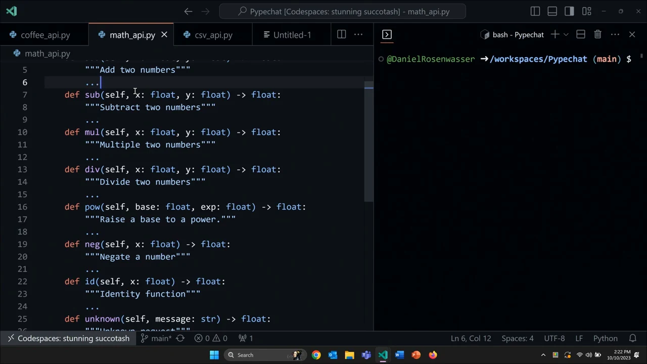 VS Code displaying math_api.py with subtraction, multiplication, division, power, negation, and identity methods beside an idle terminal.
