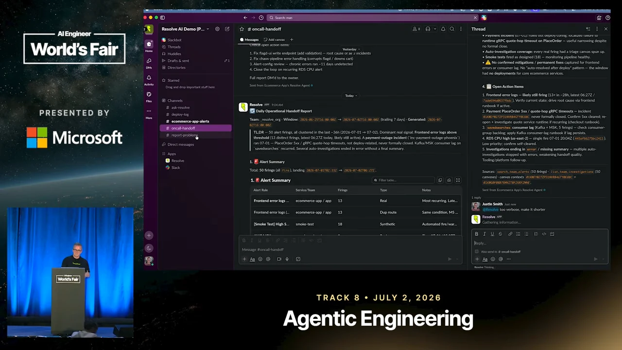 Slack oncall-handoff channel displaying a Daily Operational Handoff Report, an alert table, and a thread with a request to make the report shorter.