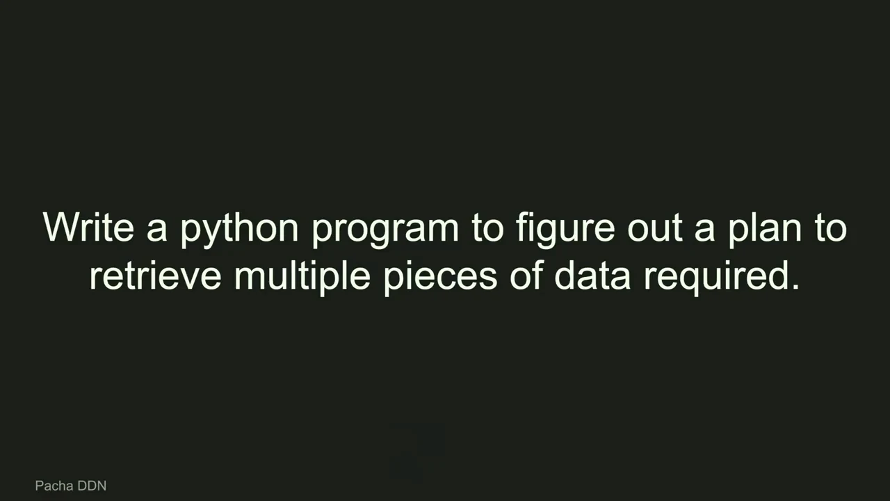 Full-screen slide reading, “Write a python program to figure out a plan to retrieve multiple pieces of data required.”