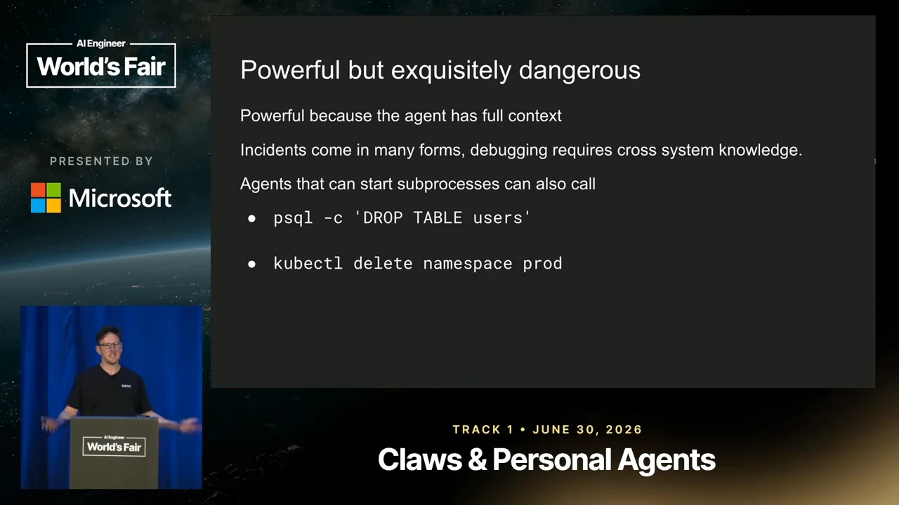 Slide titled “Powerful but exquisitely dangerous” shows full-context benefits alongside commands to drop the users table and delete the prod namespace.