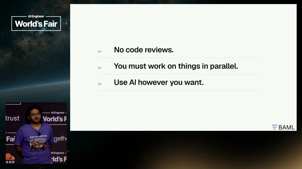 Slide listing “No code reviews,” “You must work on things in parallel,” and “Use AI however you want.”