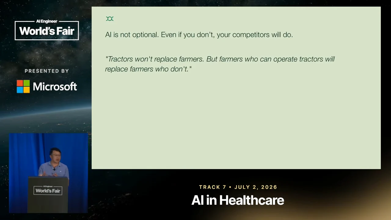 Slide stating that AI is not optional and quoting that farmers who operate tractors will replace farmers who do not.