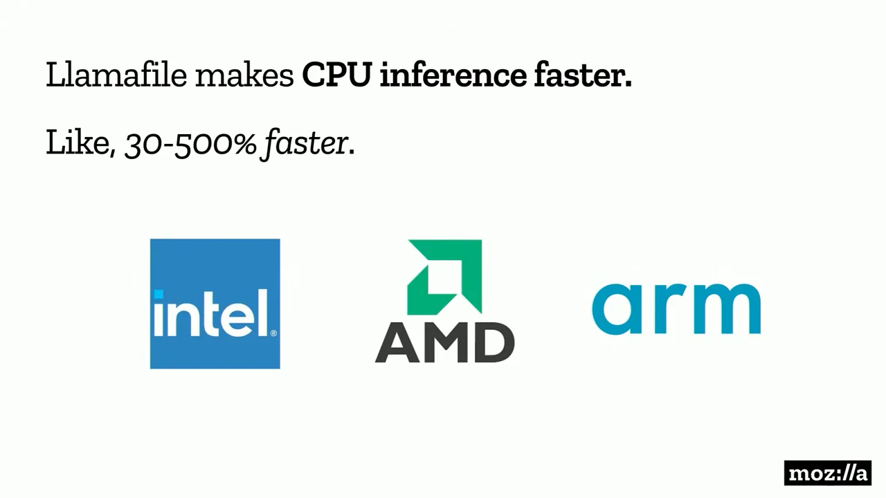 Slide reading “Llamafile makes CPU inference faster. Like, 30–500% faster,” above Intel, AMD, and Arm logos.