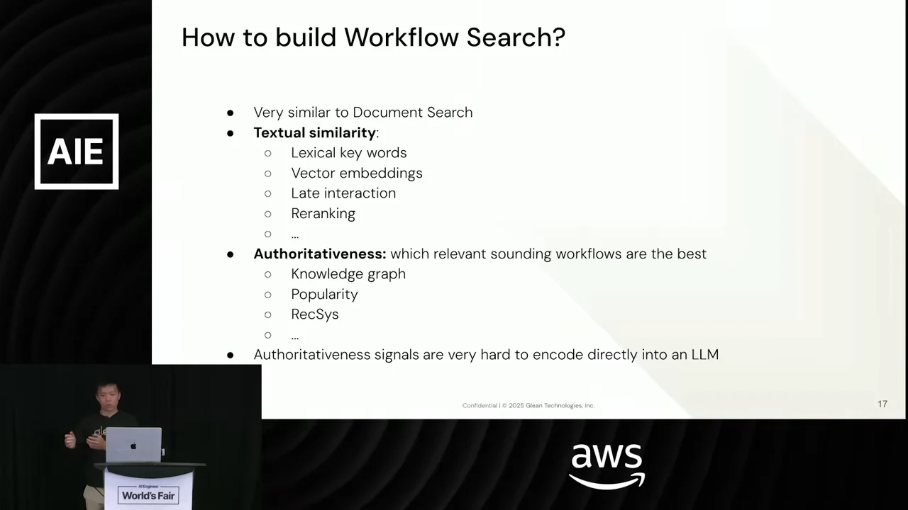 Slide titled How to build Workflow Search lists lexical keywords, vector embeddings, late interaction, and reranking, followed by knowledge graph, popularity, and RecSys signals for authoritativeness.
