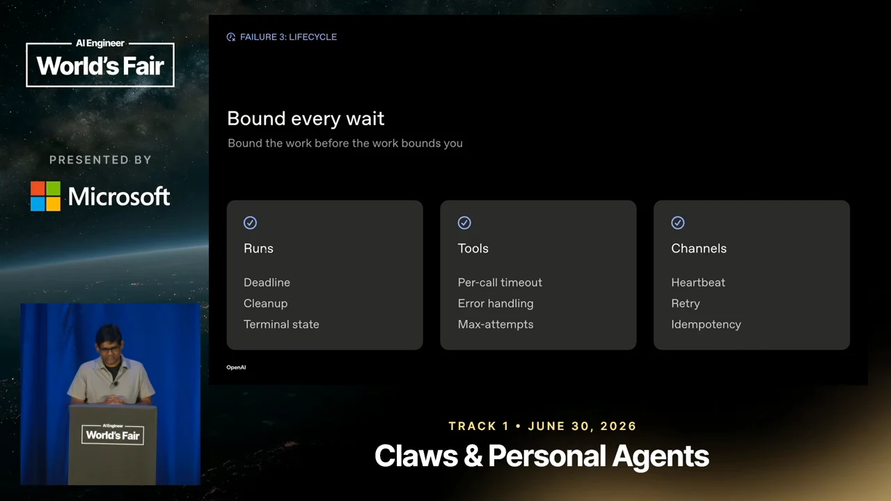 “Bound every wait” slide with cards listing run deadlines, cleanup and terminal state; tool timeouts, error handling and max attempts; and channel heartbeat, retry and idempotency.