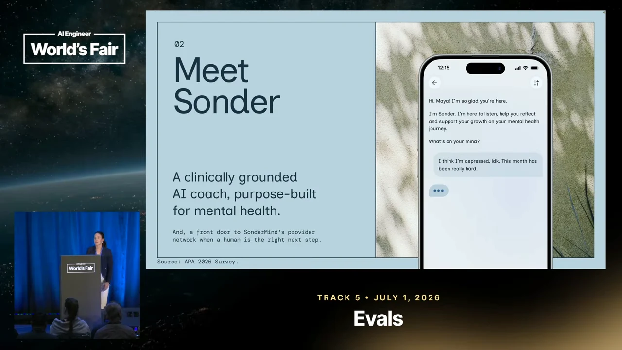 Meet Sonder slide with a description of the mental health AI coach beside a phone showing a sample chat.