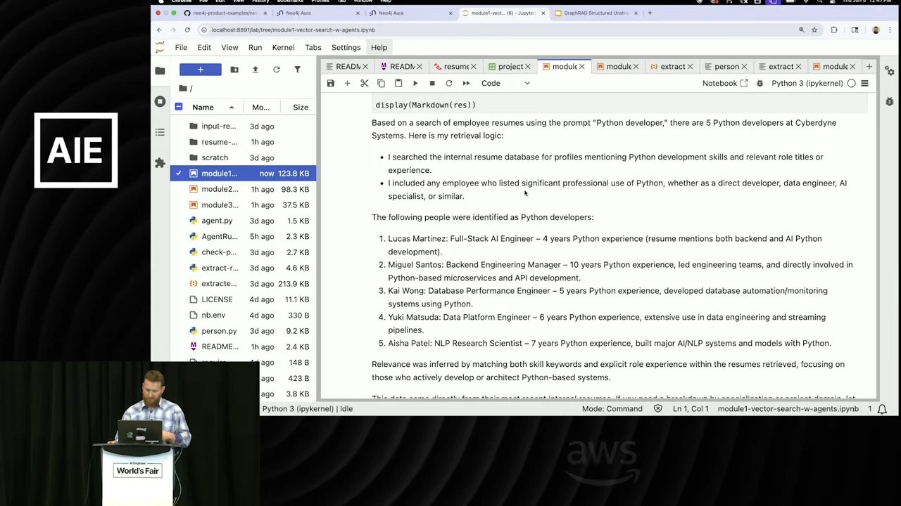 Notebook output stating there are five Python developers, followed by retrieval criteria and a numbered list of five employees.