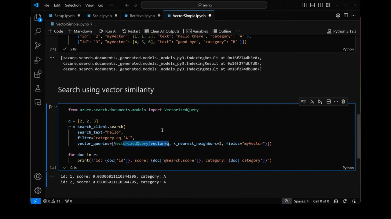 VS Code notebook showing a search cell with text and vector inputs, a category filter, and output rows for document IDs 1 and 2 in category A.