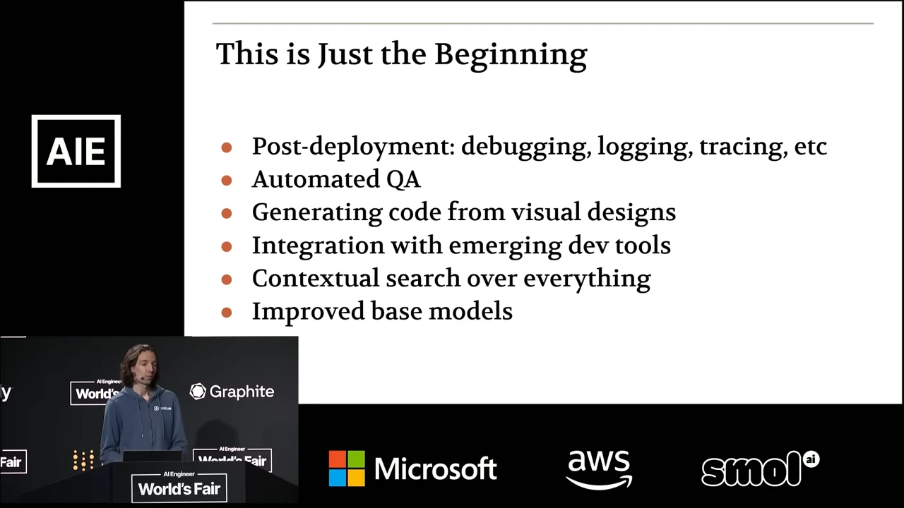 Slide lists post-deployment debugging, logging and tracing; automated QA; generating code from visual designs; integration with emerging dev tools; contextual search over everything; and improved base models.