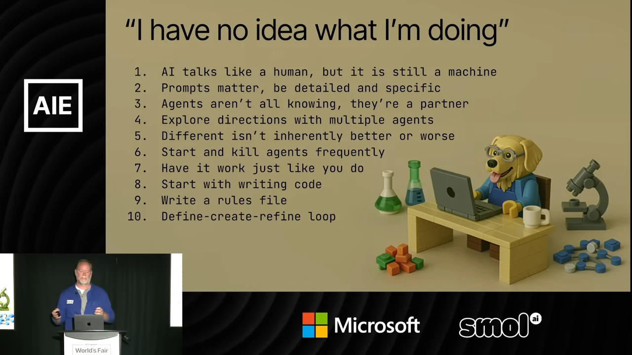 A slide titled “I have no idea what I’m doing” displays ten numbered tips beside a toy-brick dog at a desk with a laptop and laboratory equipment.