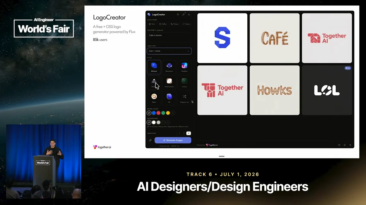 LogoCreator interface with a dark settings sidebar and a grid of six logo tiles.