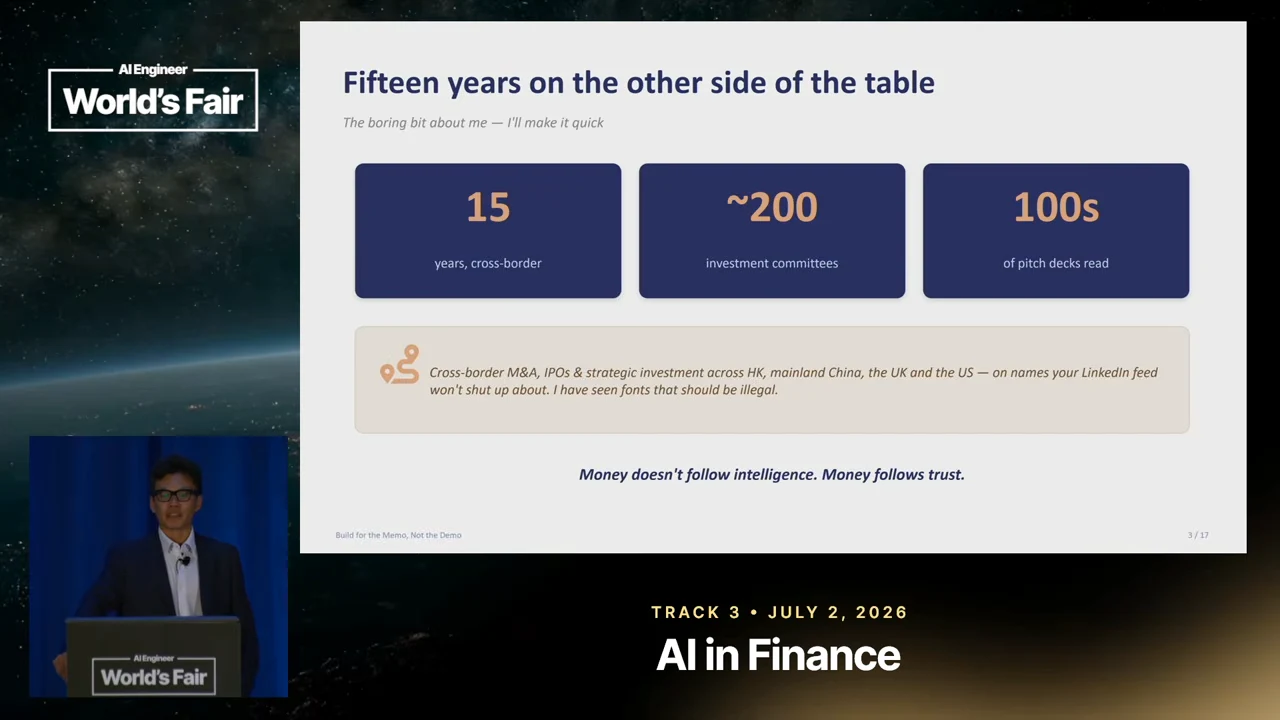Slide titled “Fifteen years on the other side of the table” shows three experience statistics and the takeaway “Money doesn't follow intelligence. Money follows trust.”