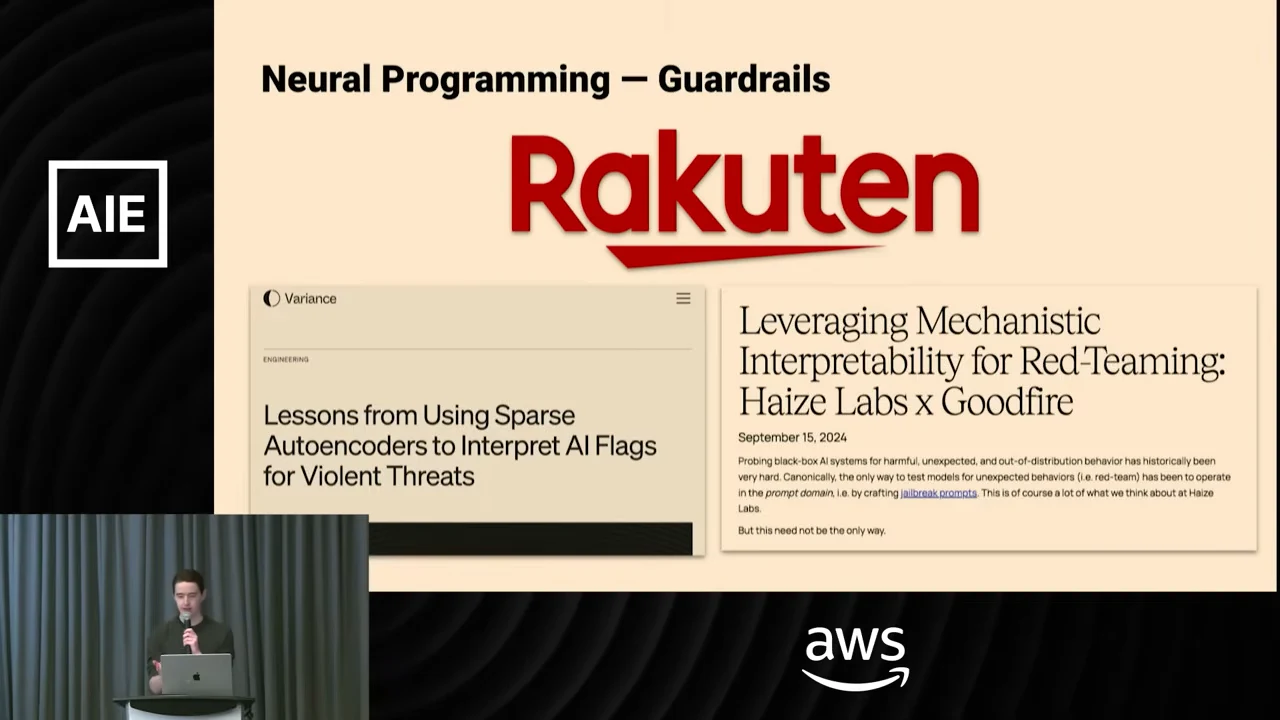 Neural Programming – Guardrails slide with a Rakuten logo and article screenshots about interpreting violent-threat flags and mechanistic interpretability for red teaming.