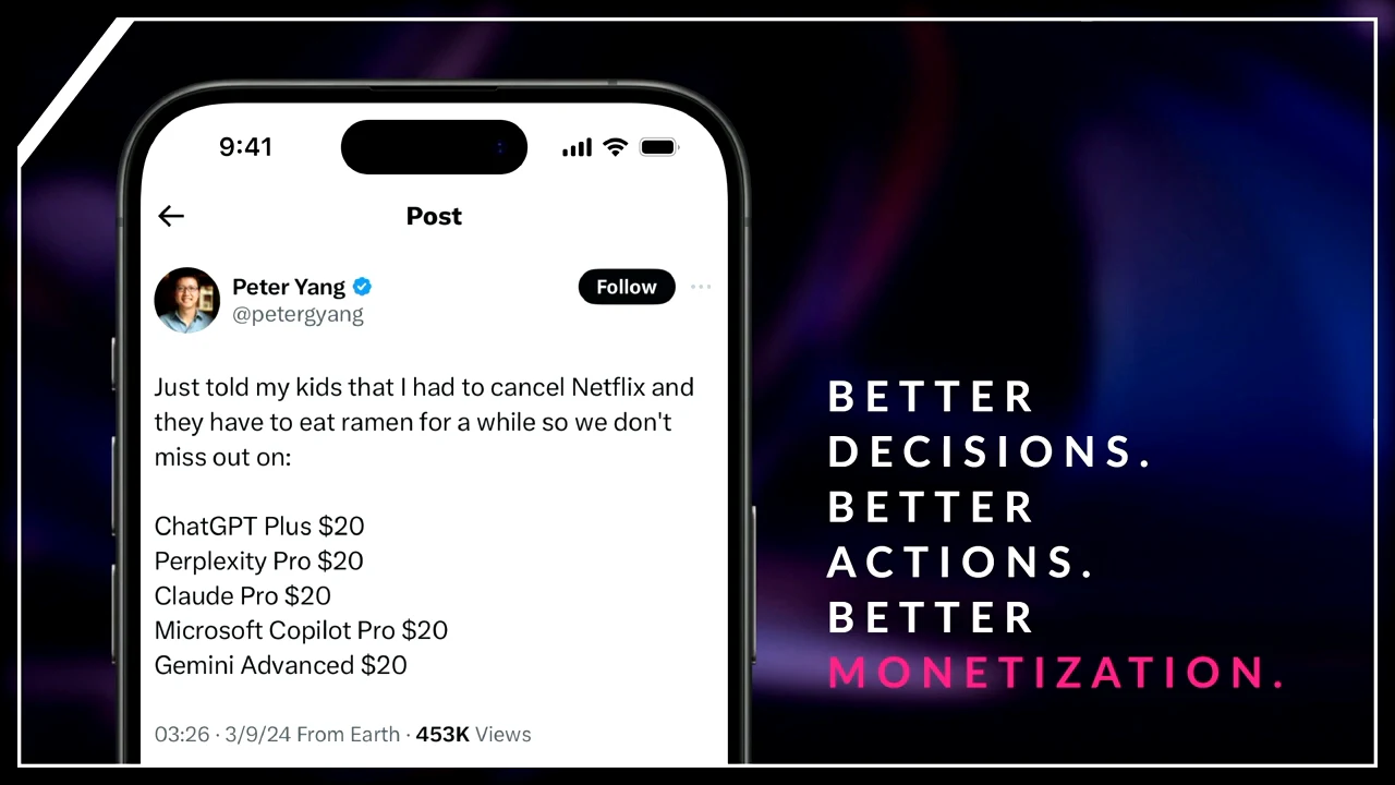 Phone mockup displaying Peter Yang’s post listing five AI services at $20 each, beside a slogan about decisions, actions, and monetization.