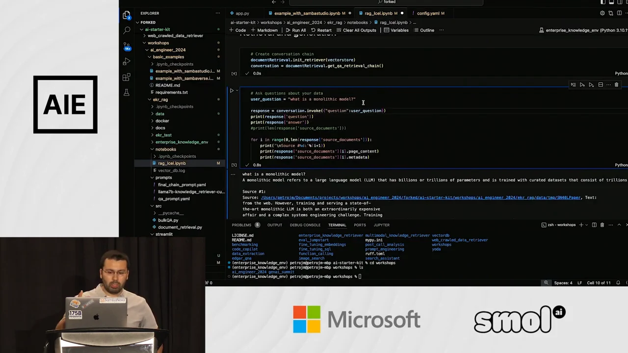 VS Code notebook displaying a question about a monolithic model, its generated answer, and a source reference with an excerpt.