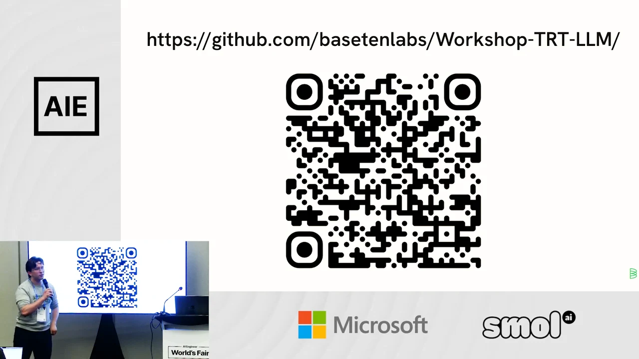 Slide displaying https://github.com/basetenlabs/Workshop-TRT-LLM/ above a large QR code.