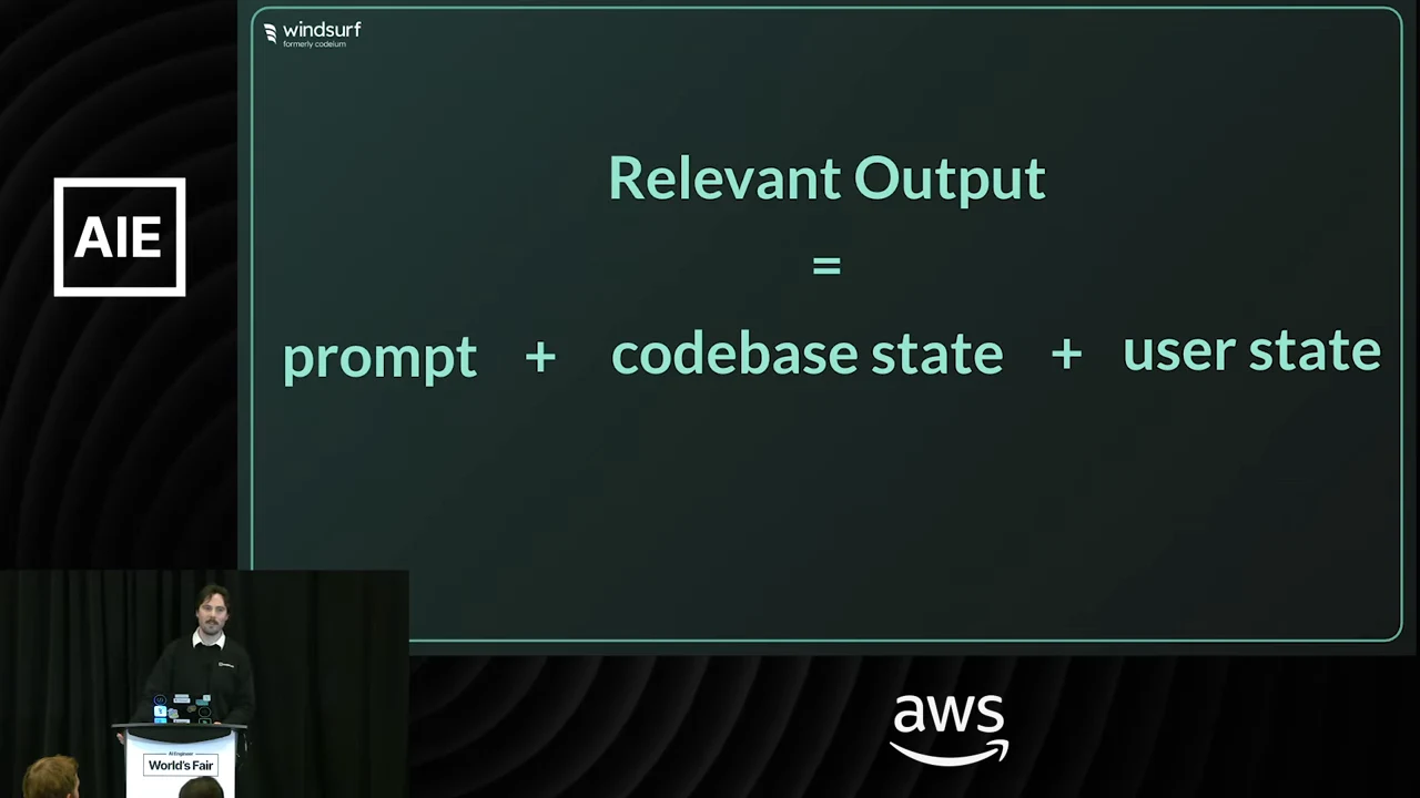 Slide displays “Relevant Output” above an equals sign and the expression “prompt + codebase state + user state,” with the presenter inset at lower left.