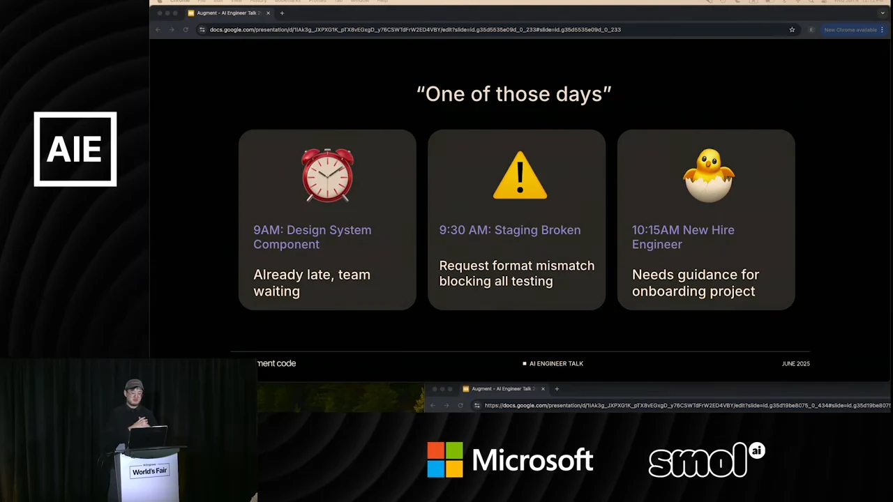 Slide with three cards: 9AM Design System Component, already late with the team waiting; 9:30 AM Staging Broken, request format mismatch blocking all testing; and 10:15AM New Hire Engineer, needing guidance for an onboarding project.