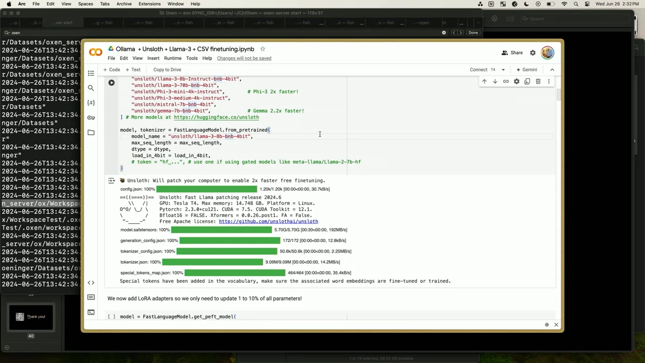 Colab notebook displaying model-loading settings, Unsloth runtime information, and green download bars at 100 percent.