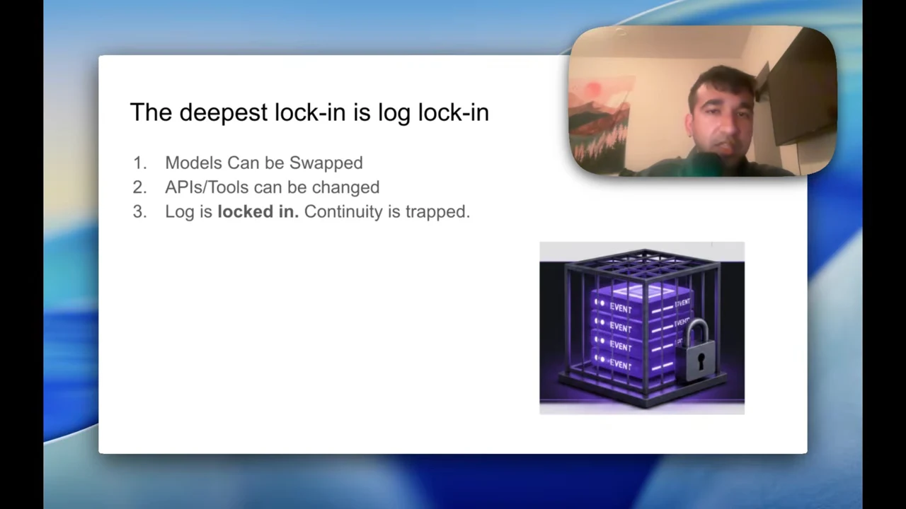 Slide lists replaceable models and APIs/tools, then says the log is locked in and continuity is trapped, beside a purple stack of events inside a locked cage.