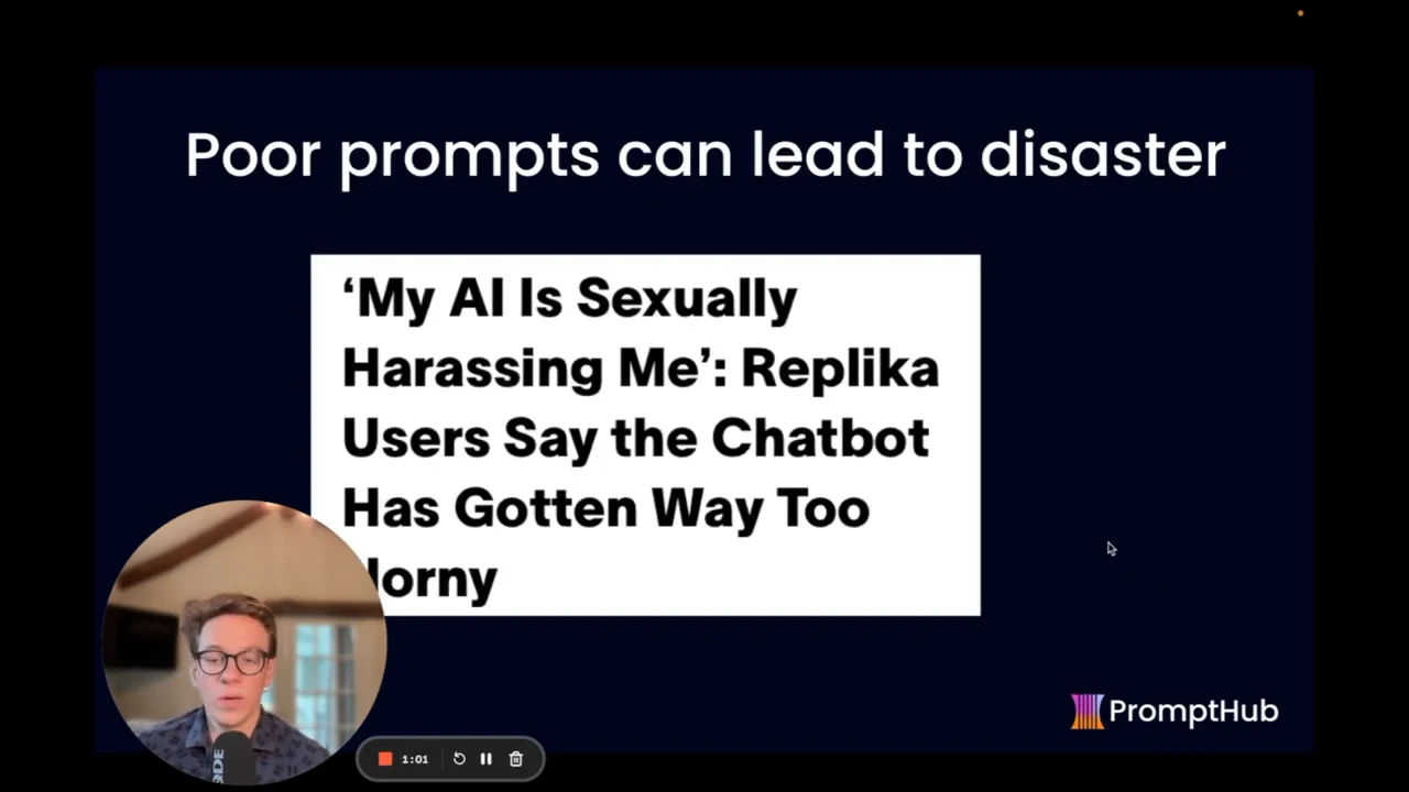Slide titled “Poor prompts can lead to disaster” with a Replika news headline and a presenter inset partly covering its lower-left corner.