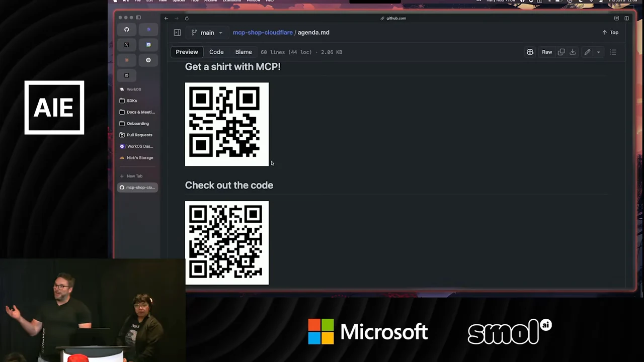 Two QR codes in a GitHub document under “Get a shirt with MCP!” and “Check out the code,” with presenters inset at lower left.