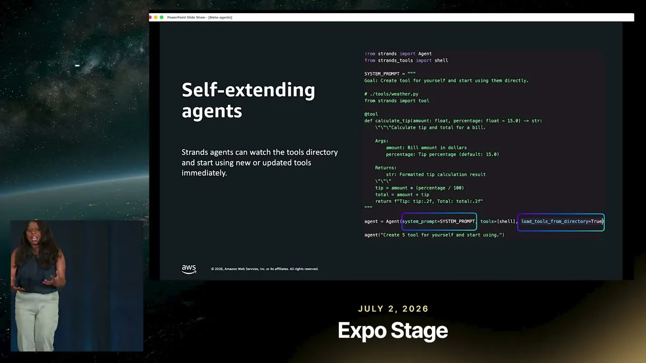 Selected presentation frame from Agents That Write Their Own Tools at Runtime — Sandhya Subramani, AWS at 495 seconds