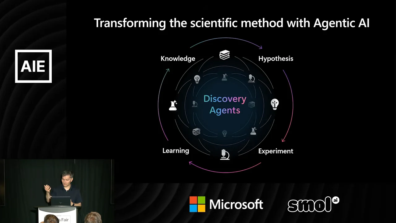 Slide titled Transforming the scientific method with Agentic AI, showing Discovery Agents surrounded by a circular workflow labeled Knowledge, Hypothesis, Experiment, and Learning.