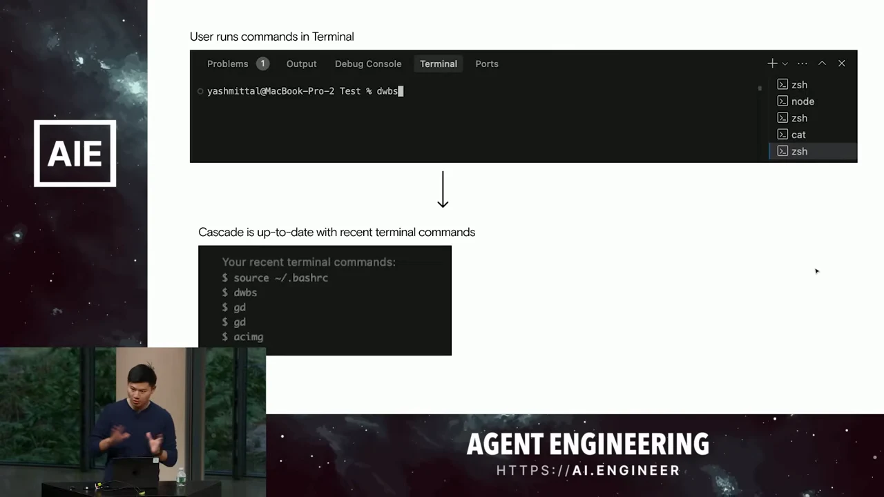 Diagram connecting a terminal screenshot to a recent-command list under the heading “Cascade is up-to-date with recent terminal commands.”