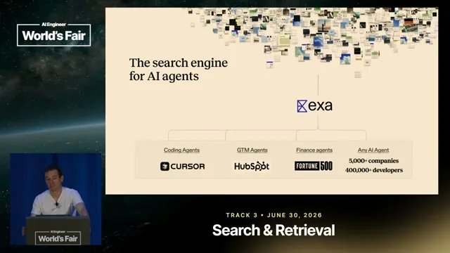 Selected presentation frame from The Search Engine for the Agentic Web — Will Bryk, Exa at 90 seconds