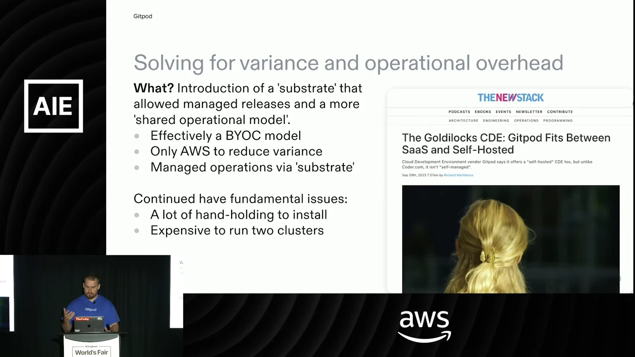 Slide lists a BYOC model, AWS-only infrastructure and managed operations, followed by installation difficulties and two-cluster expense, beside a New Stack article screenshot.