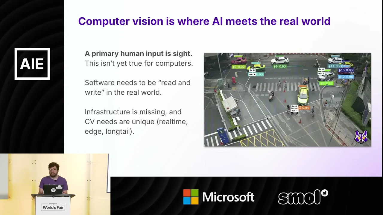 Slide describing sight, real-time processing, edge deployment and missing infrastructure, beside a traffic scene with detection boxes.