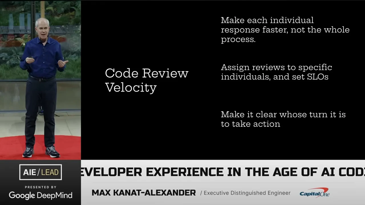 Slide titled “Code Review Velocity” says to make each individual response faster, not the whole process; assign reviews to specific individuals and set SLOs; and clarify whose turn it is to act.