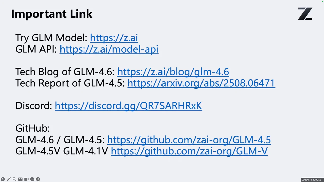 Important Link slide listing Z.ai, its model API, the GLM-4.6 blog, GLM-4.5 technical report, Discord, and GLM-4.5 and GLM-V GitHub repositories.