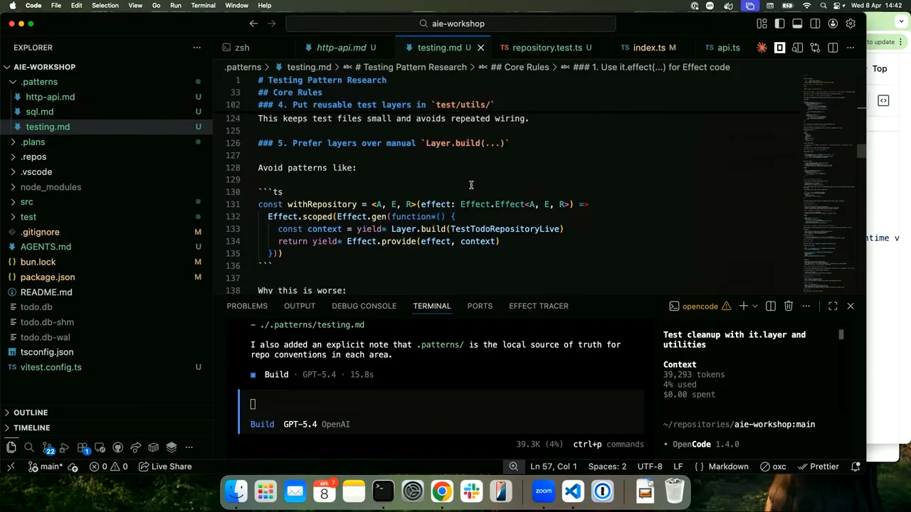 VS Code displays testing.md with guidance on reusable test layers, a preference for layers over manual construction, and an example beneath Avoid patterns like.