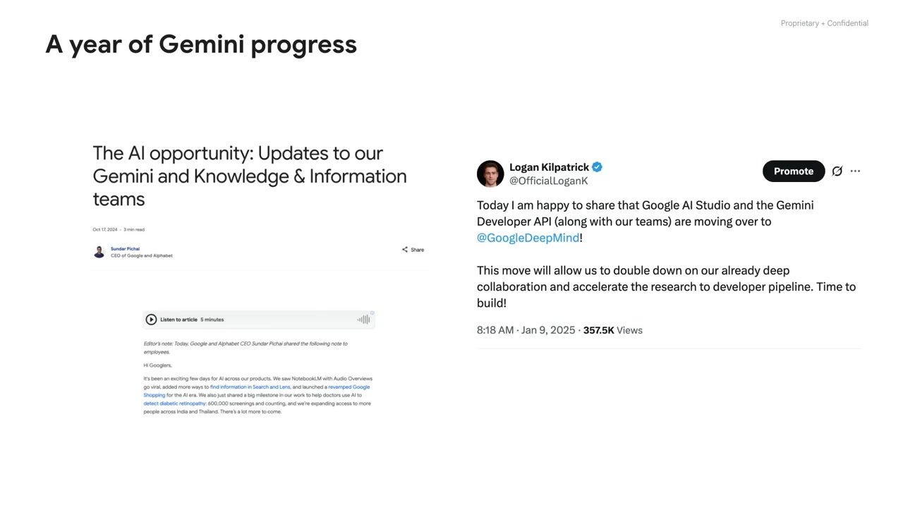 Full-screen slide titled “A year of Gemini progress” pairs a Google organizational update with a post announcing the teams’ move to Google DeepMind.