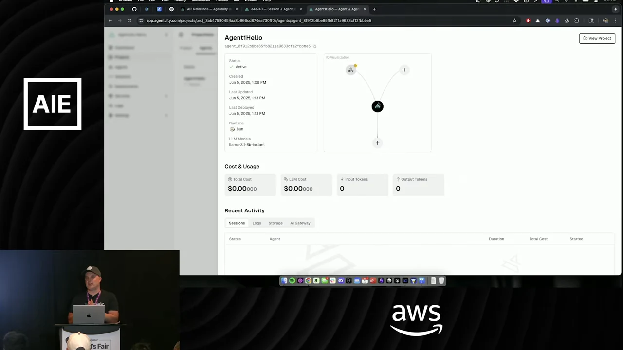 AgentHello detail panel with Active status, Bun runtime, a connection diagram, Total Cost, LLM Cost, input and output token cards, and Recent Activity.