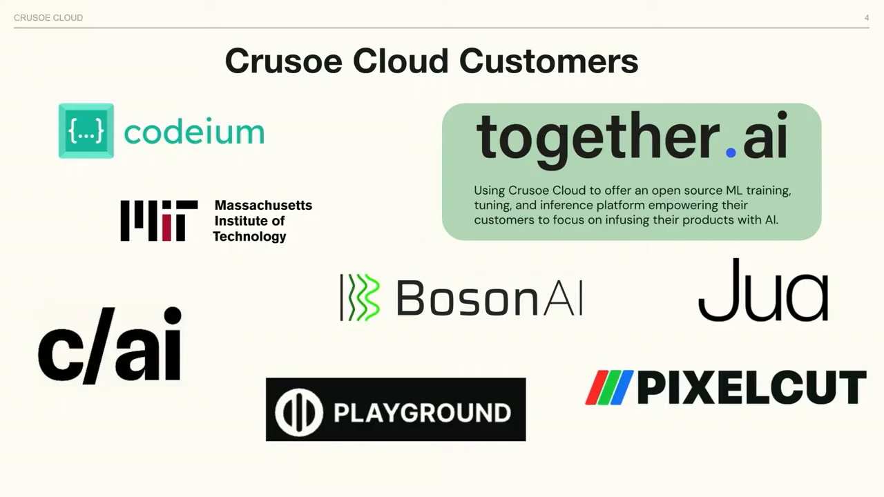 Crusoe Cloud Customers slide with customer logos and a green Together AI callout describing its open source ML training, tuning, and inference platform.
